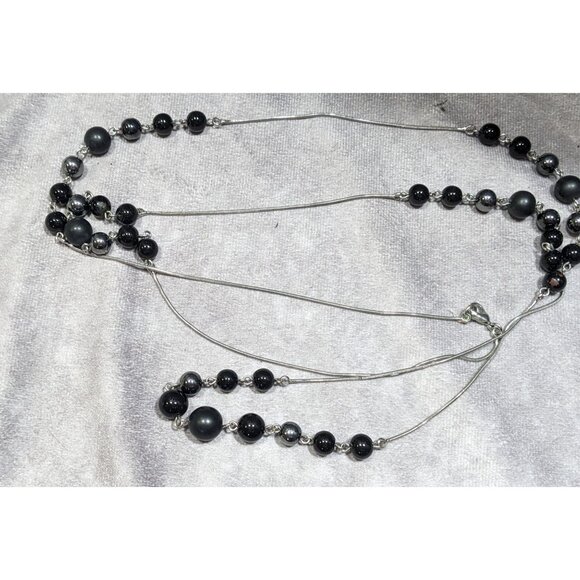 Elegant Opera Station Necklace Black Beads On Silver Tone Snake Chain - Picture 7 of 7